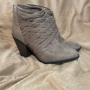 Fergalicious Grey Suede Woven Strap Ankle Booties - Women's.